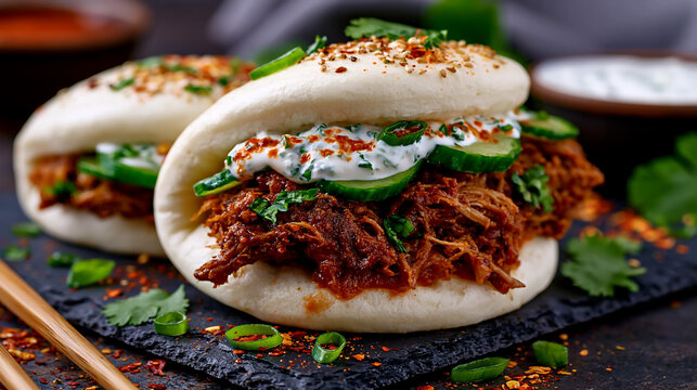 Pulled Pork Bao Buns with Cucumber and Creamy Sauce on a Dark Slate Surface for Asian Cuisine Menus and Restaurant Advertising