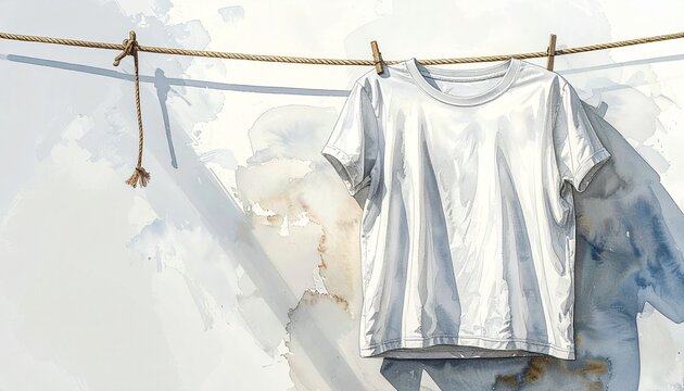 白い背景に、袖をロープへ通して干した白いTシャツを描いた水彩画風イラストです。
左半分に広いコピースペースを設け、広告やポスター、バナーなどに使いやすいレイアウトです。
やわらかな光とシンプルな構図が清潔感や日常の暮らしを表現しています。
洗濯、家事、衣類、生活用品、季節の販促やライフスタイル関連のデザイン素材として幅広く活用できます。