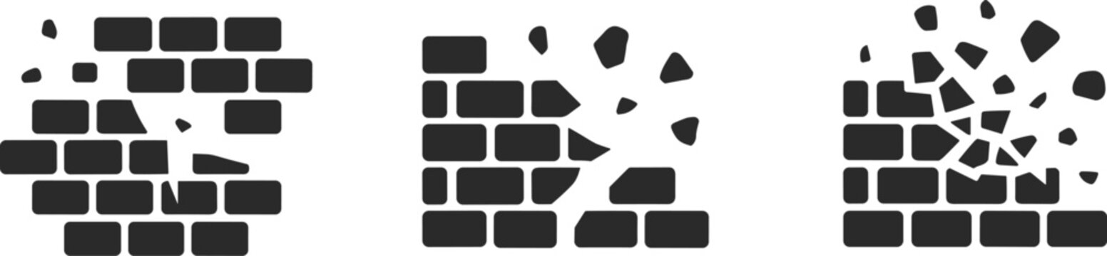 Broken Brick Wall Icon Collection, Cracked Masonry Vector Illustration Demolition Damage Construction Symbol Isolated Set