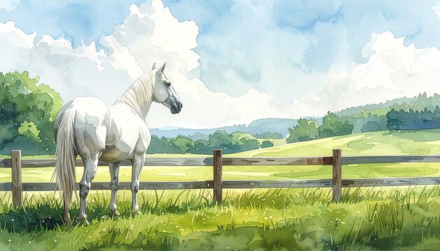 緑の草原に立つ白馬が木の柵の向こうを静かに見つめる後ろ姿を描いた水彩画タッチのイラストです。
左半分に広いコピースペースを設け、広告やポスター、バナーにも使いやすいレイアウトです。
やわらかな光と自然の色彩が穏やかな風景を演出し、開放感のある雰囲気に仕上げています。
牧場、自然、動物、季節の販促、メッセージカードなど幅広い用途に適した素材