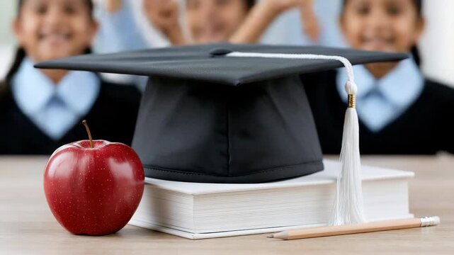 Tracking shot of graduation cap mortarboard and apple resting on book with pencil as students cheer in classroom setting