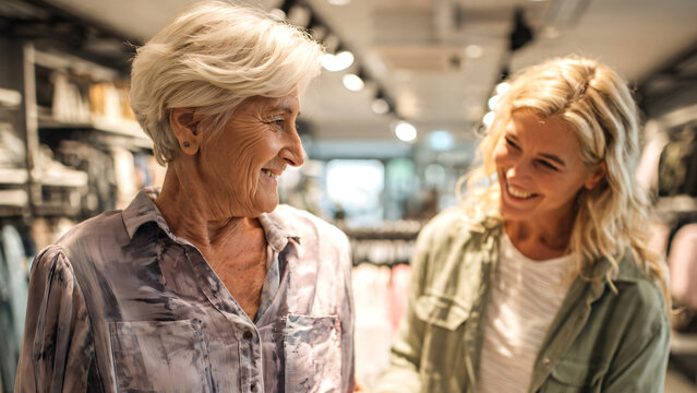Selective focus on an elderly customer receiving assistance from a friendly retail employee while choosing a shirt in a modern clothing store, professional sales associate helping with style.