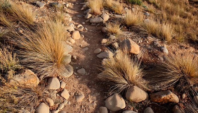 rocky desert trail with dry grass top view for backgrounds or textures