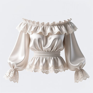 White satin blouse featuring ruffled neckline, shirred waist, and lace trim hem and cuffs, shown against a clean white background in a realistic illustration style.