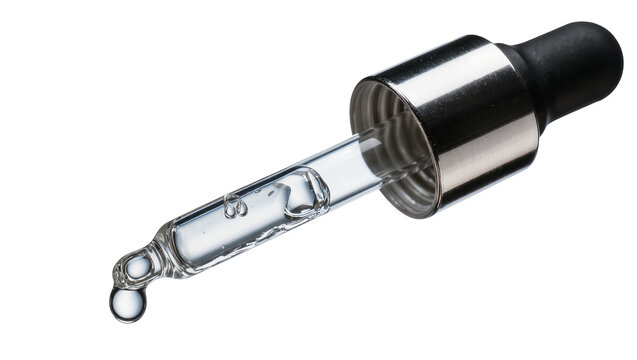 Isolated glass dropper with clear liquid and falling drop for cosmetic or medical use