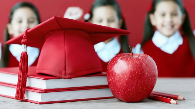 Tracking shot of graduation cap and apple on stacked books revealing smiling schoolchildren in classroom
