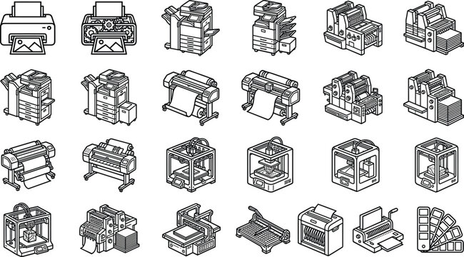 Comprehensive collection of isometric line art icons depicting professional printing presses, 3D printers, office document machinery, and graphic design production tools.