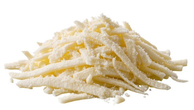 Isolated pile of freshly grated cheese for cooking and culinary dishes, a delicious dairy ingredient.