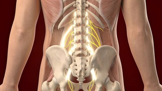 3D medical animation of lumbar spine nerves with sciatic nerve pathway through pelvis and spine on dark red background
