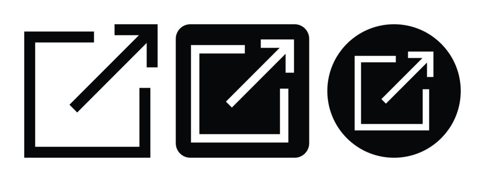 External link icon set in button style with arrow out symbol. Open link and redirect icons for app and web interface, navigation, share and outbound link actions