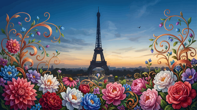 Eiffel Tower at Twilight Framed by an Ornate Blooming Floral Border