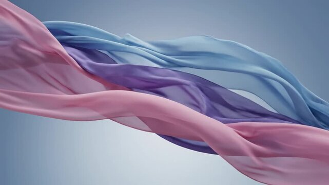 Soft flowing fabric folds in pastel pink, lavender purple, and light blue shades rippling across a neutral blue background gradient with elegant silk texture and ethereal movement.