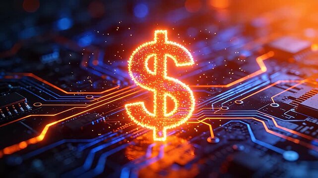 Digital dollar symbol on circuit board