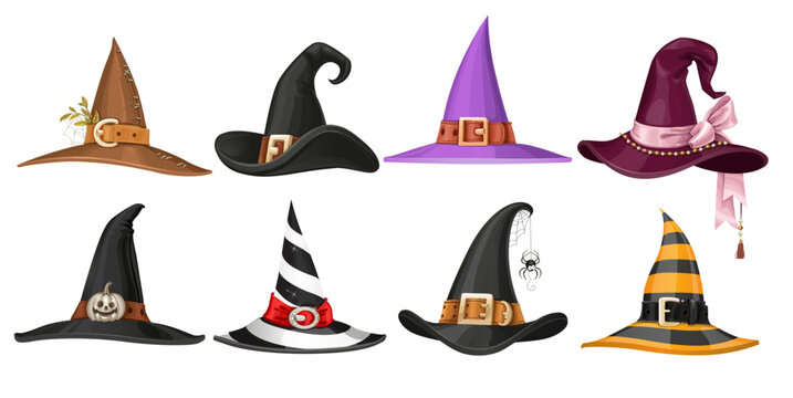Witch hat with straps and buckles big set  of objects isolated on white background