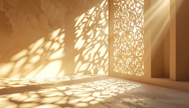 Sunlight streams through an ornate geometric screen, casting intricate patterns on a textured wall and floor.
