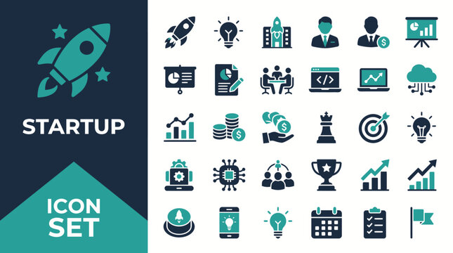 Startup icon set featuring various business and technology symbols on a white background