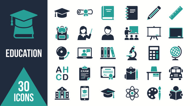 Flat vector icon pack depicts educational icons in labs setting with graduation and science themes