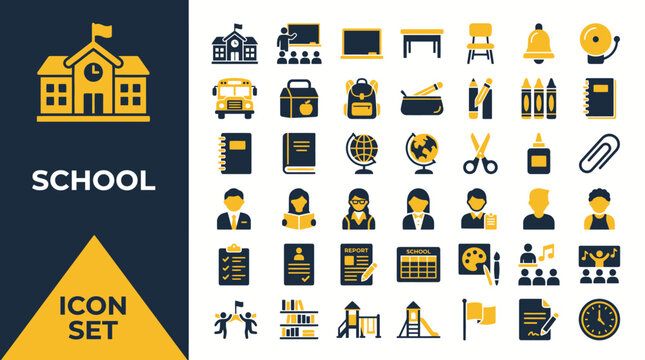 Flat vector icon pack features school themed icons on white background