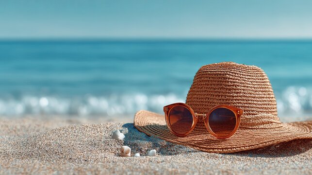 Stylish brown straw sun hat with trendy round sunglasses resting on the warm golden sand during a sunny summer vacation