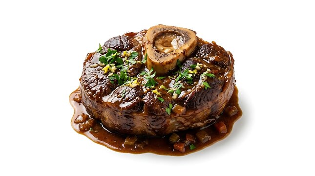 Delicious cooked osso buco beef shank meat with herbs and brown sauce for a gourmet dinner meal. veal osso bucco