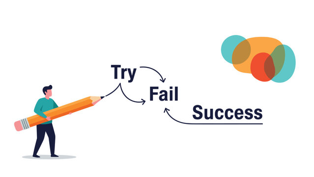Creative person using large yellow pencil to draw path from try to fail and finally to success illustrating perseverance.