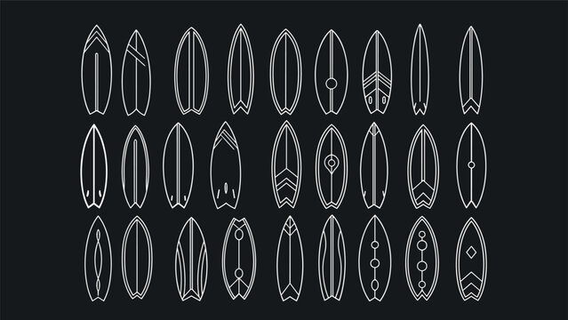 Collection of various surfboard shapes and designs presented in minimalist white outlines on dark gray background for surfing enthusiasts.