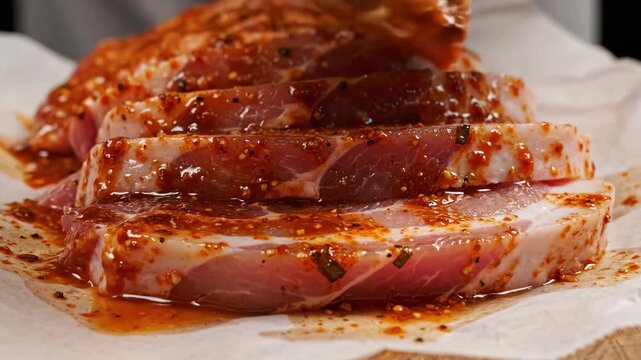 Close-up of Marinated Pork Chops Ready for Cooking