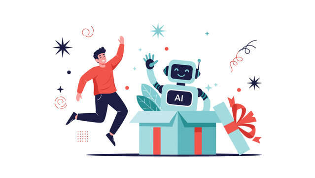 Excited man jumping for joy as a friendly artificial intelligence robot pops out from an opened gift box for a celebration.