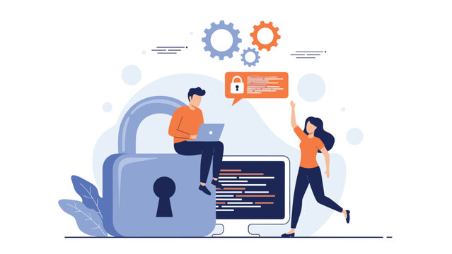 Cybersecurity team working on data protection with a man on a laptop sitting on a giant lock and a woman celebrating success.