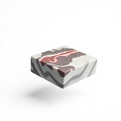Fototapeta premium Cube displays swirling patterns. Gray, white, red hues blend. Minimalist aesthetic, clean background, soft shadow present.