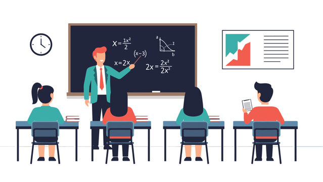 Teacher standing by a blackboard explaining complex math formulas to students in a modern school classroom setting.