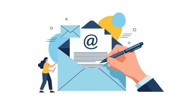 Collaborative work on an email message with a woman by a giant envelope and a large hand writing with a blue ink pen.