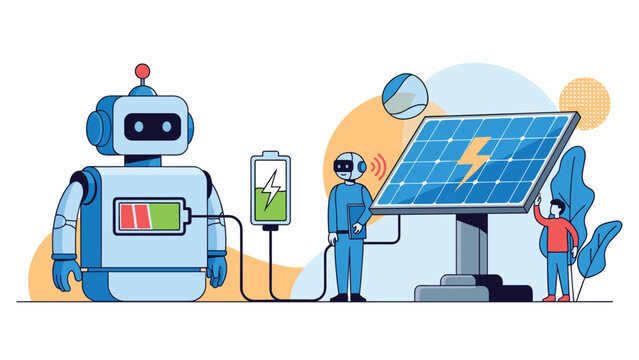 Robot receiving energy from a solar panel system with help from a technical team for sustainable technological development.