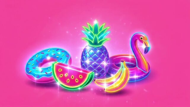 Neon pineapple flamingo donut watermelon and banana float. Vibrant tropical summer illustration. Beach vacation and pool party concept in bright colors