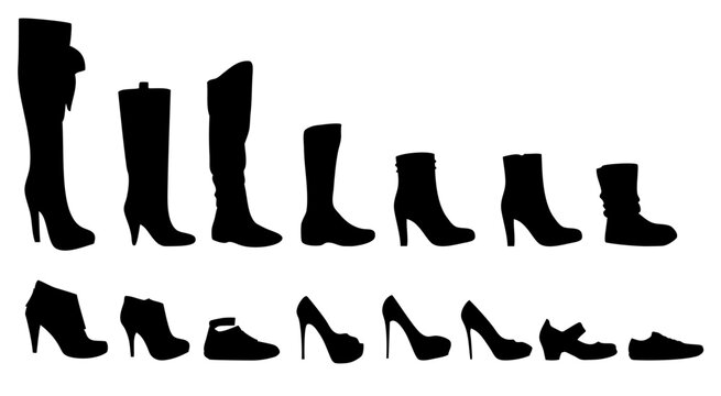 Black silhouette collection of various womens shoes on a white background