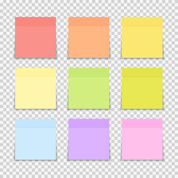 Nine colorful sticky notes on transparent background for notes and reminders