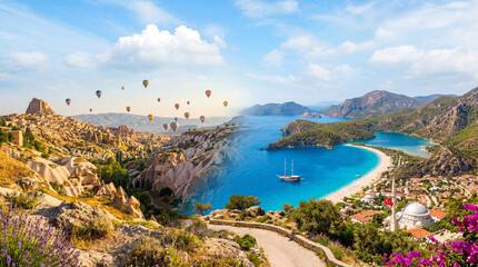 Obraz premium Turkey travel banner showing cappadocia and blue lagoon