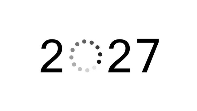 2027 animation welcoming the year 2027, featuring a circular loading animation next to the numbers and a "Happy New Year 2027" concept; 4K video.