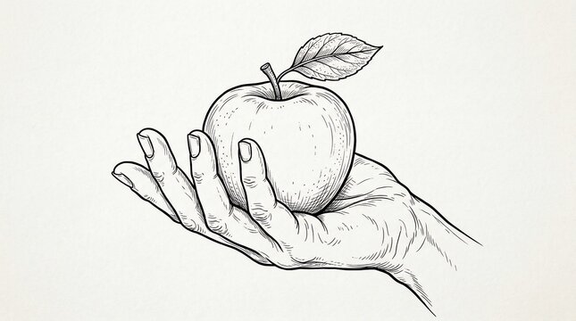 Hand holding a fresh apple line art illustration