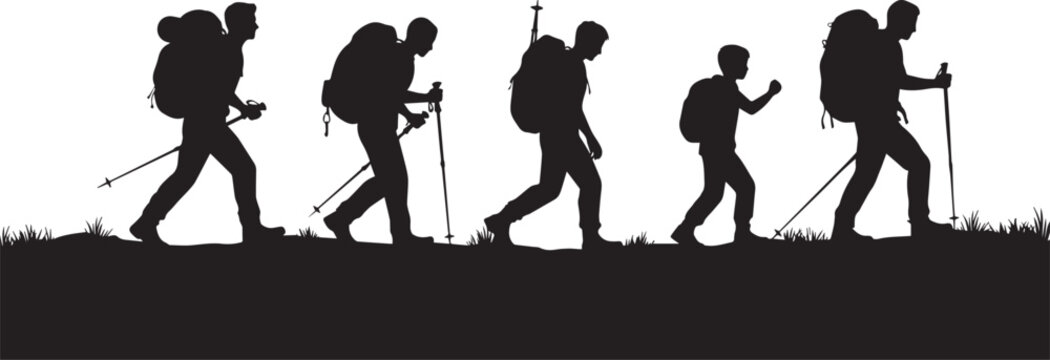Hiking people silhouette vector collection featuring backpackers trekking outdoors across nature trail isolated on white background adventure illustration set