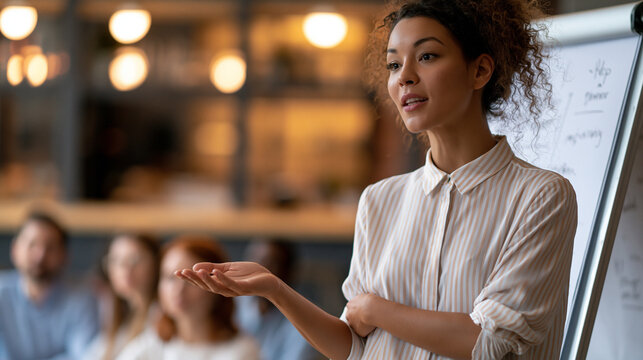 Attractive woman gesturing at a flip chart while leading a workshop in a bright lounge space, candid, defocused seated audience and warm interior behind, training, leadership