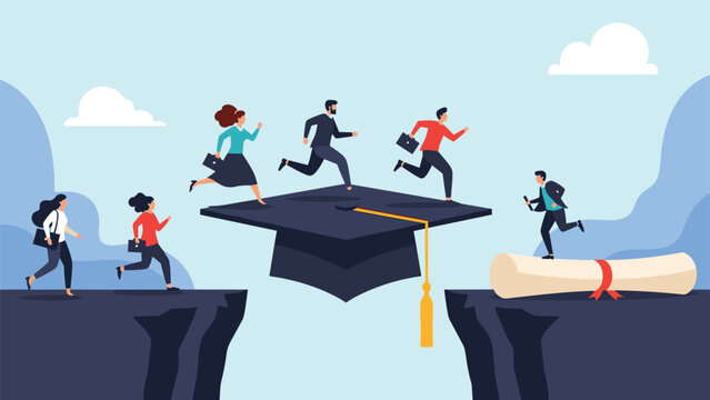 Education as a bridge to career success concept showing people running across a graduation cap to reach a diploma.