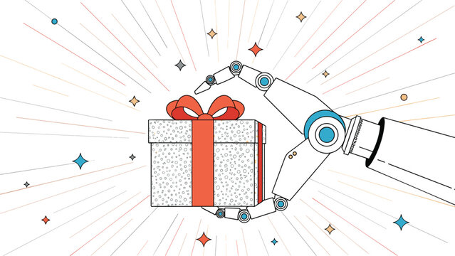 Robotic arm carefully holding white gift box with red ribbon against background of shining light rays representing technology gifts.