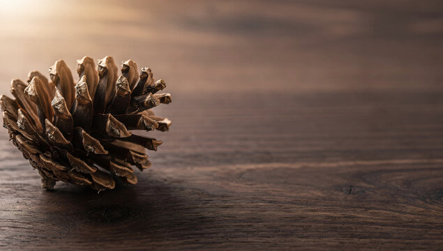 Side view of natural dry pine cone with open scales on dark brown textured wooden floor background