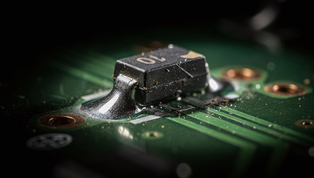 Extreme close up of electronic surface mount SMD resistor component soldered on green printed circuit board