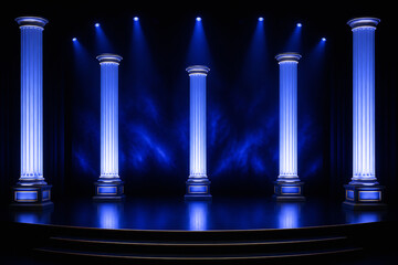Obraz premium A stage with five illuminated classical columns under spotlights against a dark background.