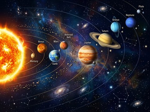 Solar system diagram with planets and sun in space