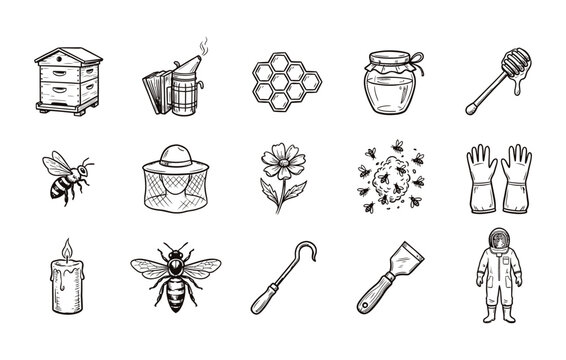 Apiary and bee farming elements black and white outline collection with insect honeycombs and protective gear