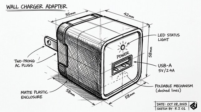Technical sketch of a wall charger adapter with dimensions