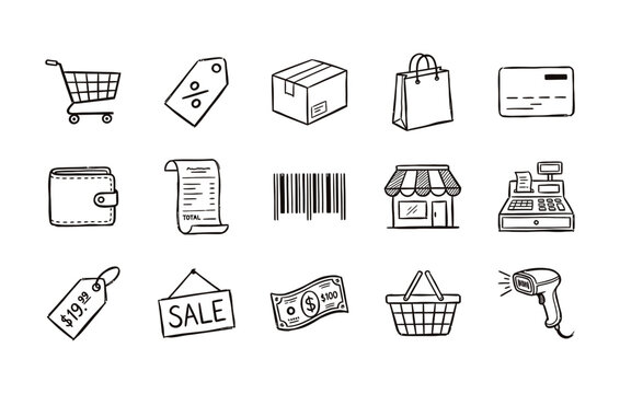Digital marketplace and grocery store essentials including shipping cardboard box shopping bag leather wallet currency money and retail storefront building